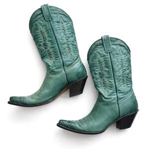 Mezcalero Teal Western Boots with Exotic Toe + Tooled Soles, Rare Jewel Tone